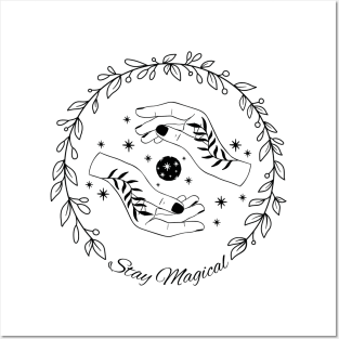 Line art floral wreath with astrology elements, stay magical Posters and Art